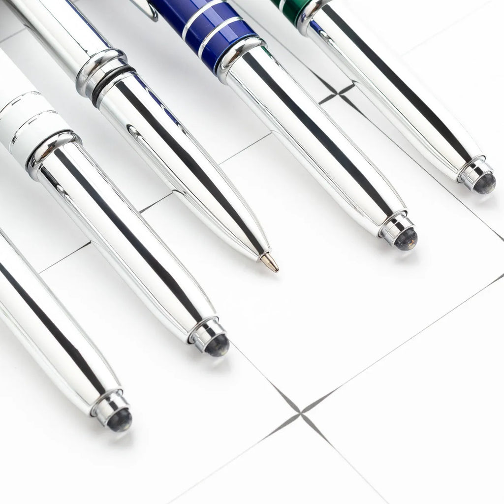 Metal multifunctional stylus pen with capacitive tip, ballpoint pen, and LED light in multiple colour options