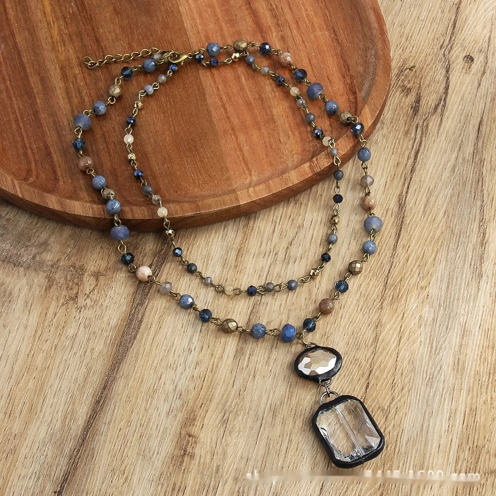 Tribal style two-layer necklace with natural stone and glass pendant on adjustable chain