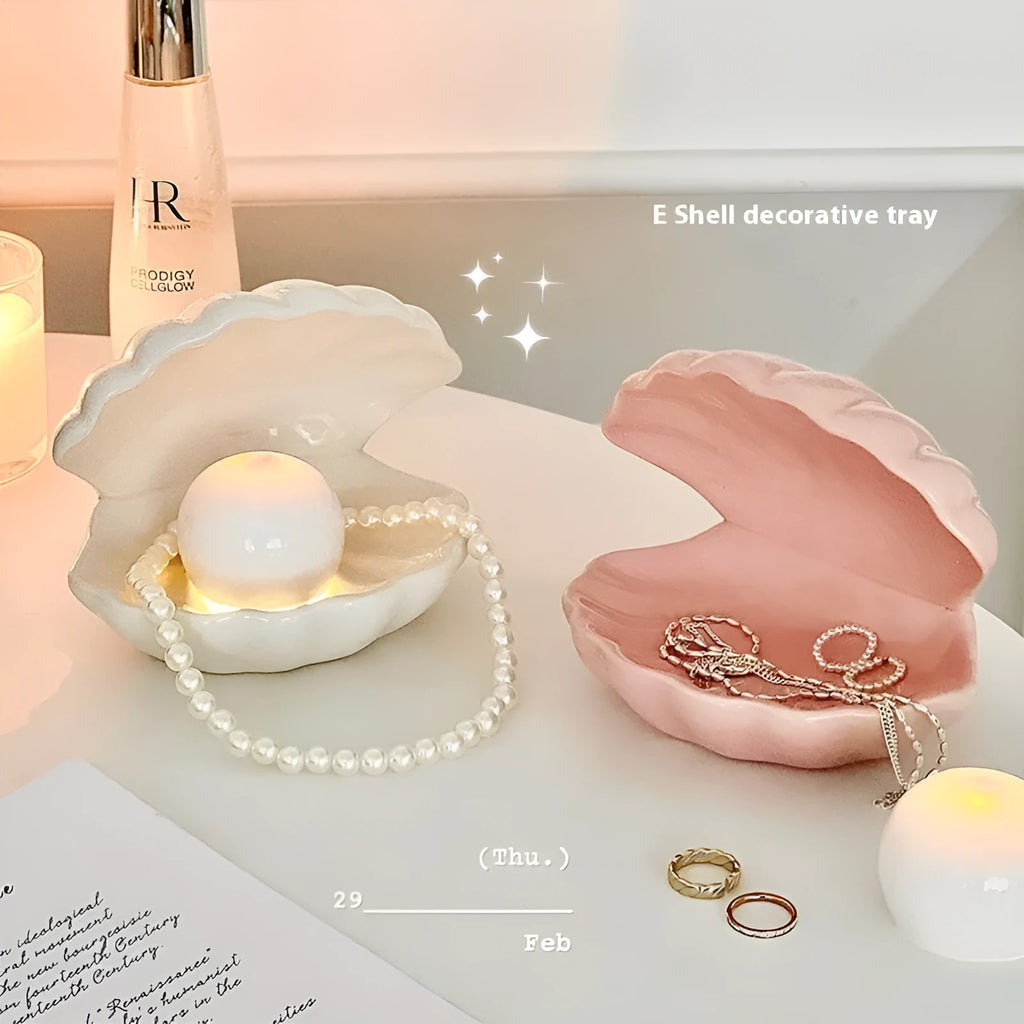 White porcelain decorative tray with integrated small night lamp, pink shell option available.
