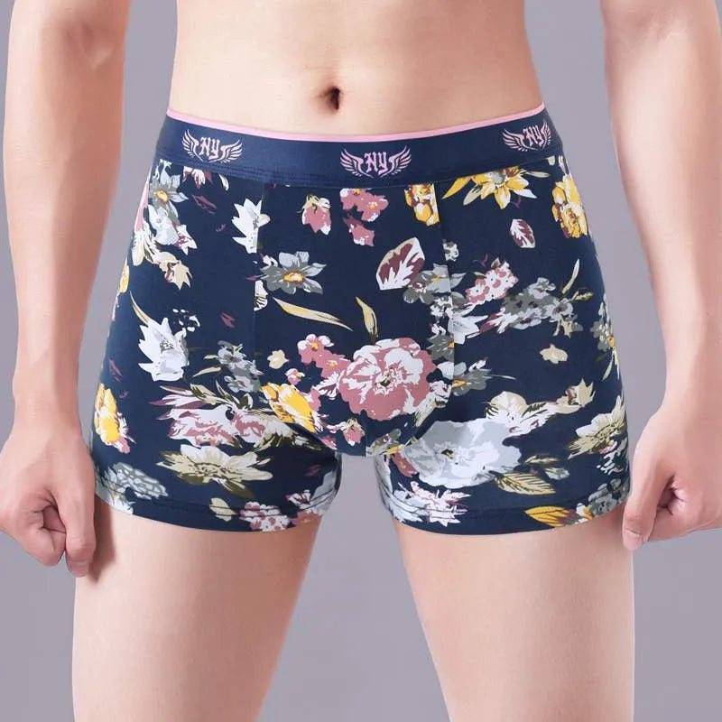 Men's cotton boxer underwear with U-shaped support in floral pattern colours including delicate rose