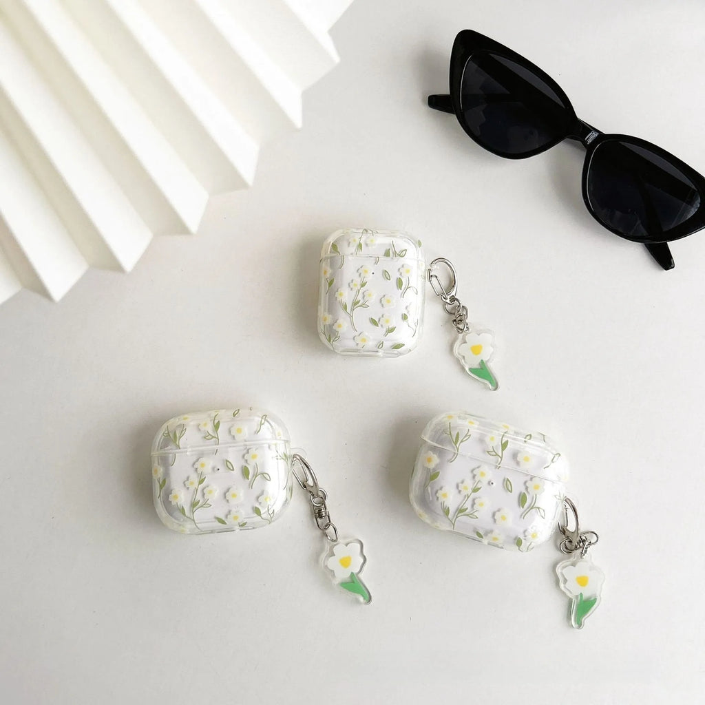 White floral transparent TPU protective case for Apple AirPods showing floral pattern details
