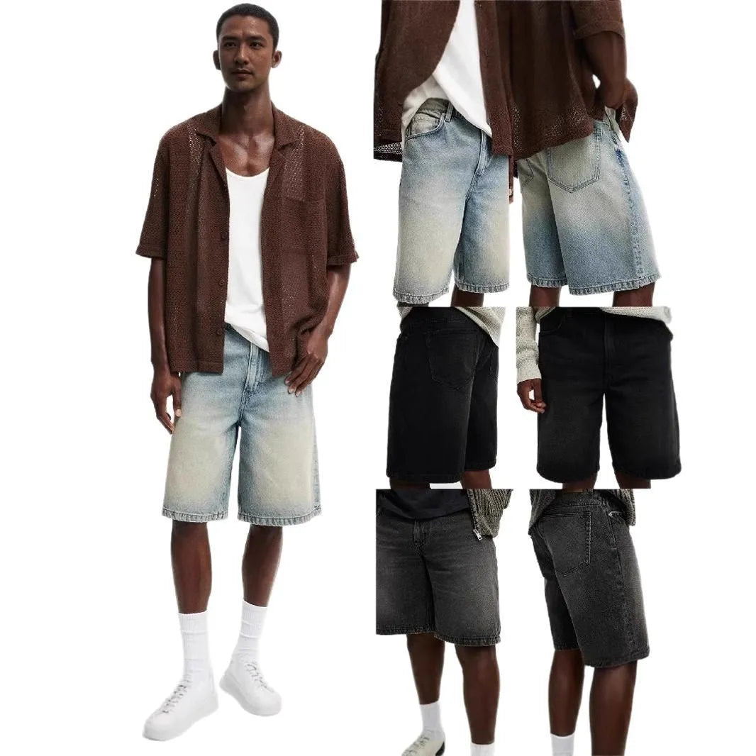 Men's loose fit light blue denim jeans with straight leg on a neutral background