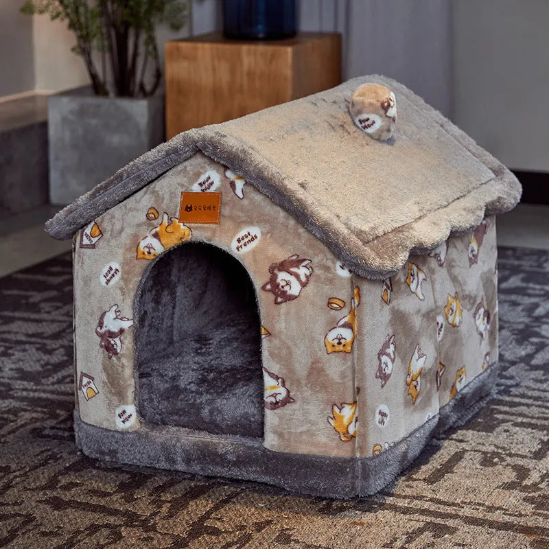 Foldable dog house pet cat bed in cave style with self-warming plush fur and non-slip bottom, available in multiple colours and sizes