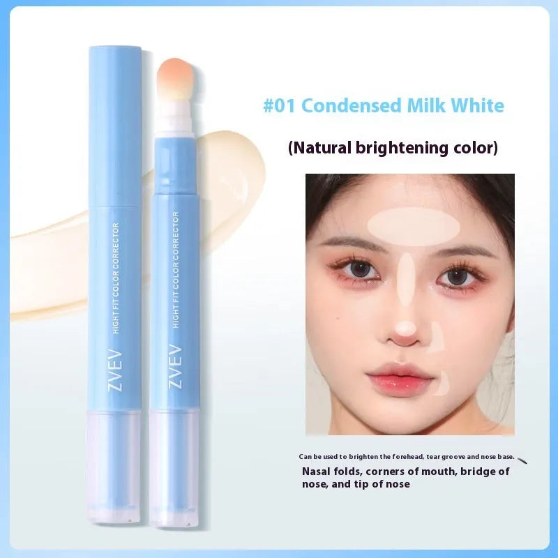 Concealer pen with sponge brush head applicator showing three colour shade options: brightening skin, pink flesh, and flesh colour