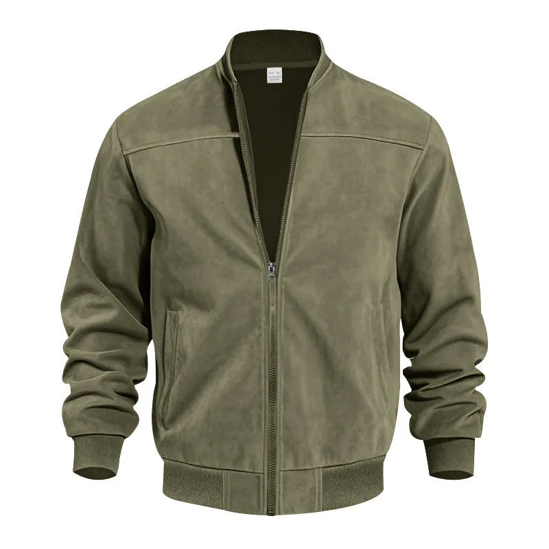 Men's plus size suede casual zip-up jacket in army green on a hanger.