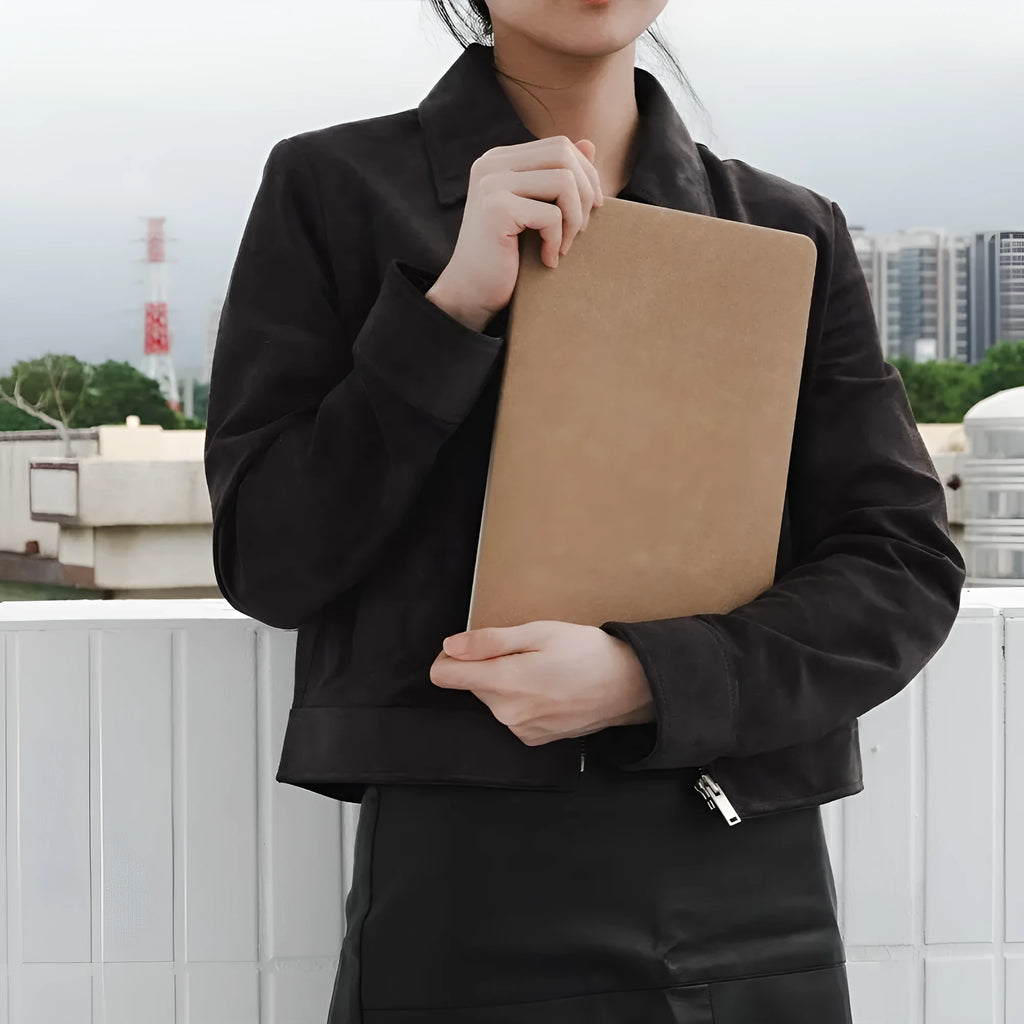 Cocoa brown suede laptop sleeve open showing interior, compatible with MacBook Air and Pro models 11 to 16 inch