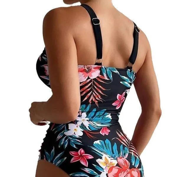 Women's floral pattern one-piece swimsuit with backless design in polyester spandex fabric