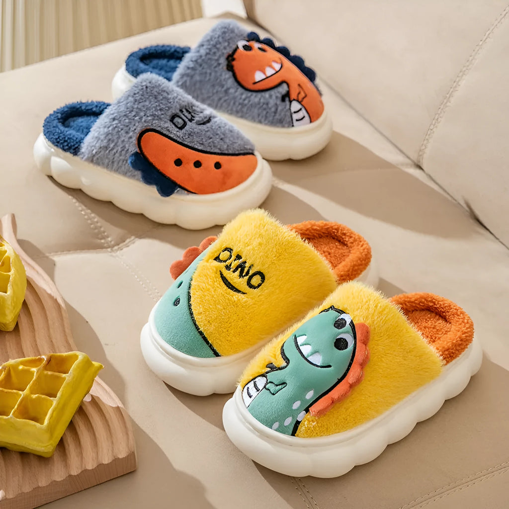 Plush cotton couple slippers with dinosaur designs in grey, coffee, and orange colours