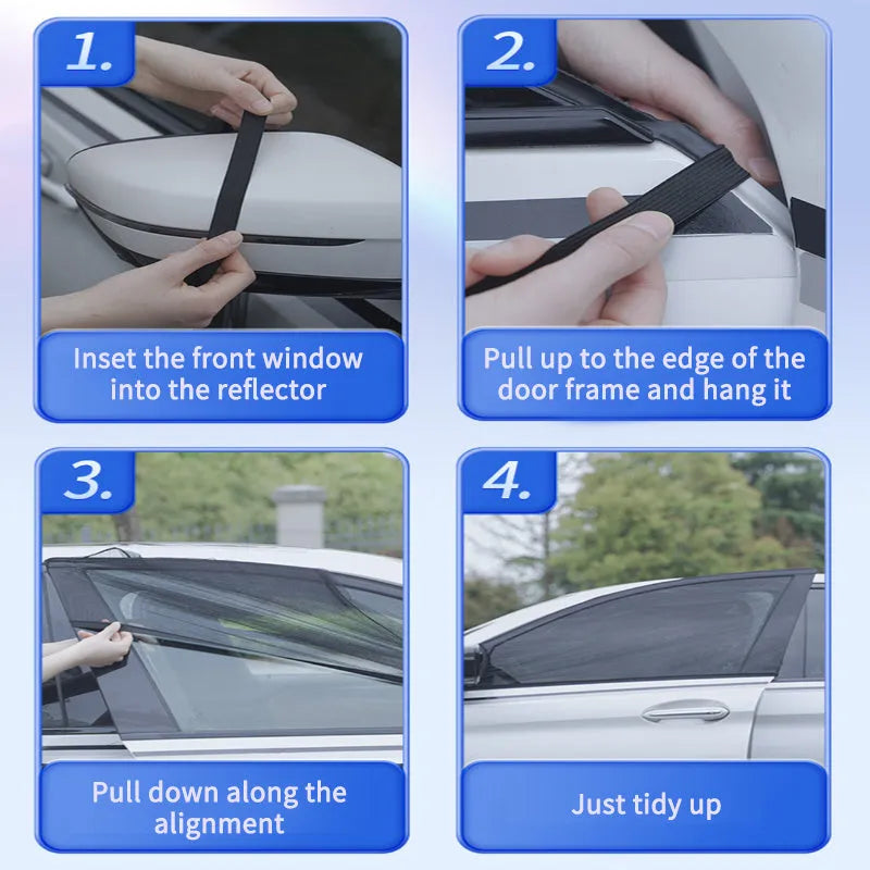 Set of grey non-woven fabric car side window sunshades with elastic edges on a car window.