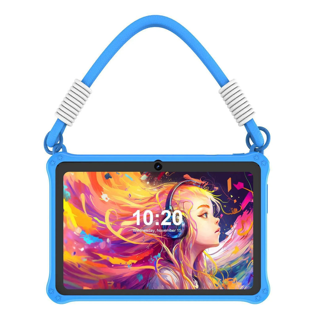 Sapphire blue silicone protective case for a 7-inch children's tablet showing the flat strap attachment point.