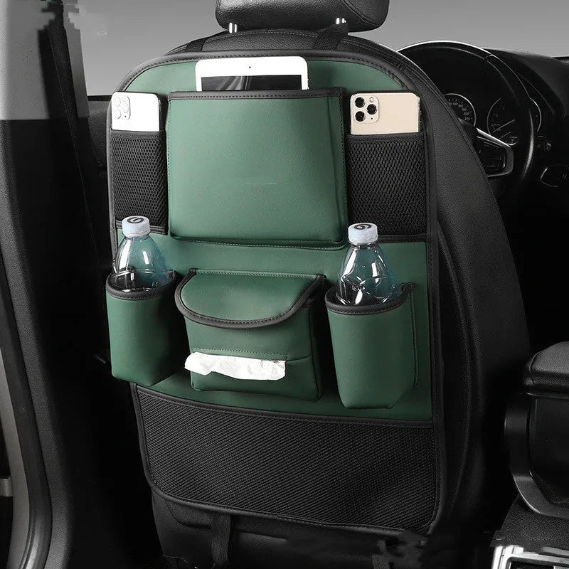 Leather car seat back storage bag shown in one of four colour options: black, grey, green, or brown.