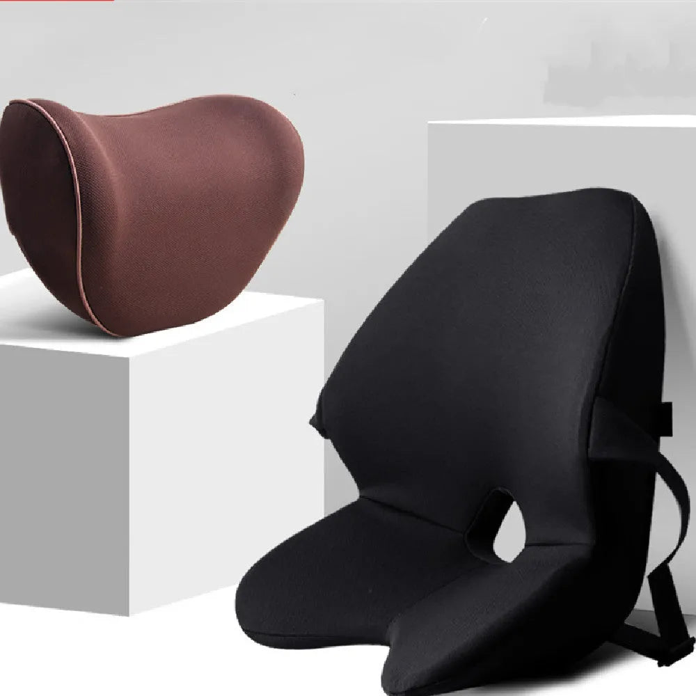 Car seat waist support cushion with memory foam, shown in beige, black, coffee, and grey colours.