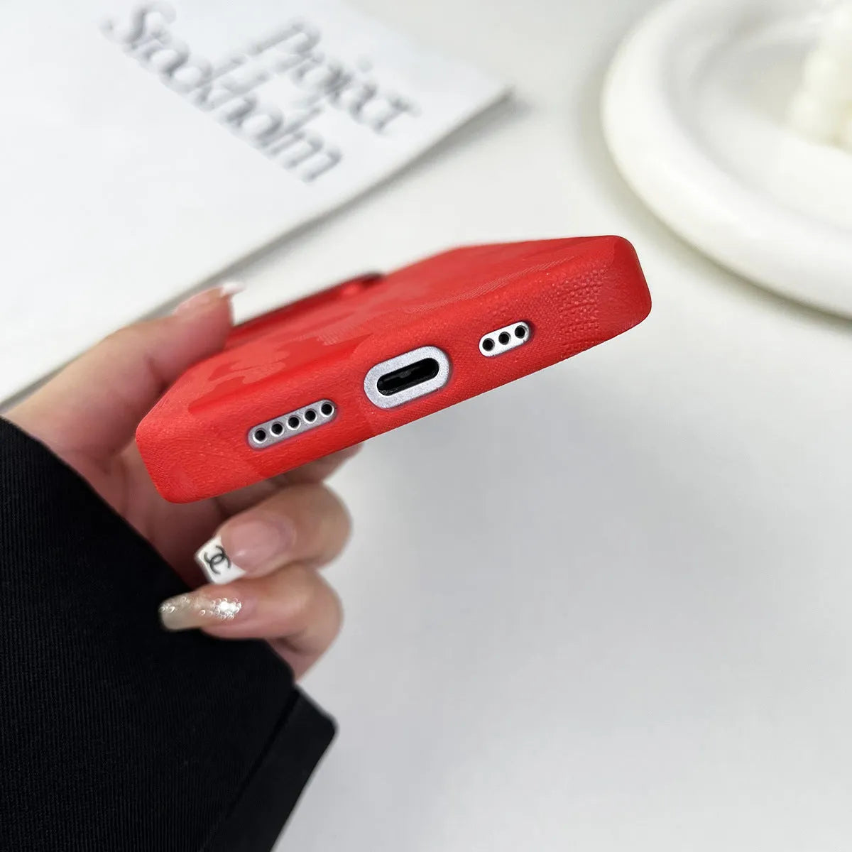 Imitation leather magnetic phone case for iPhone with anti-fingerprint surface in Emma Orange colour
