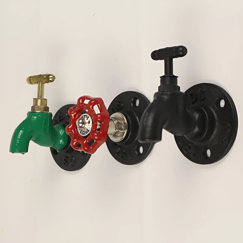 Water pipe style metal towel rack hook mounted on wall with towels hanging