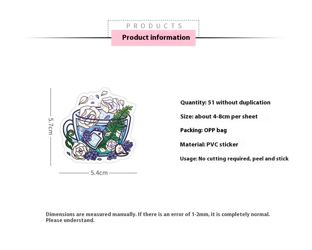 Colourful tea cup graffiti design waterproof stickers, 50-piece pack for scooter and luggage decoration.