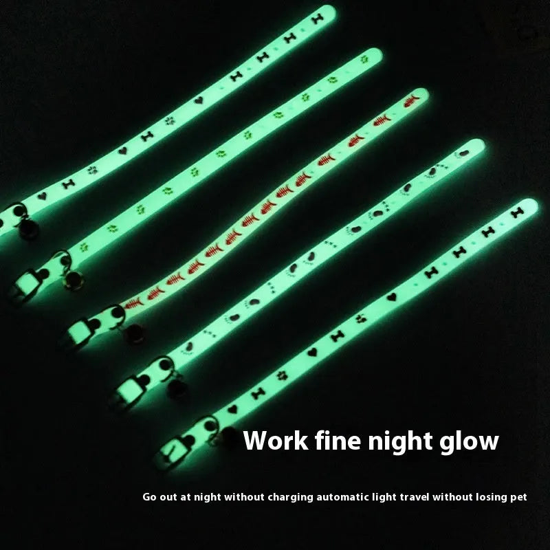 Glow-in-the-dark adjustable cat collar with metal bell in love, fishbone, footprint or paw print design