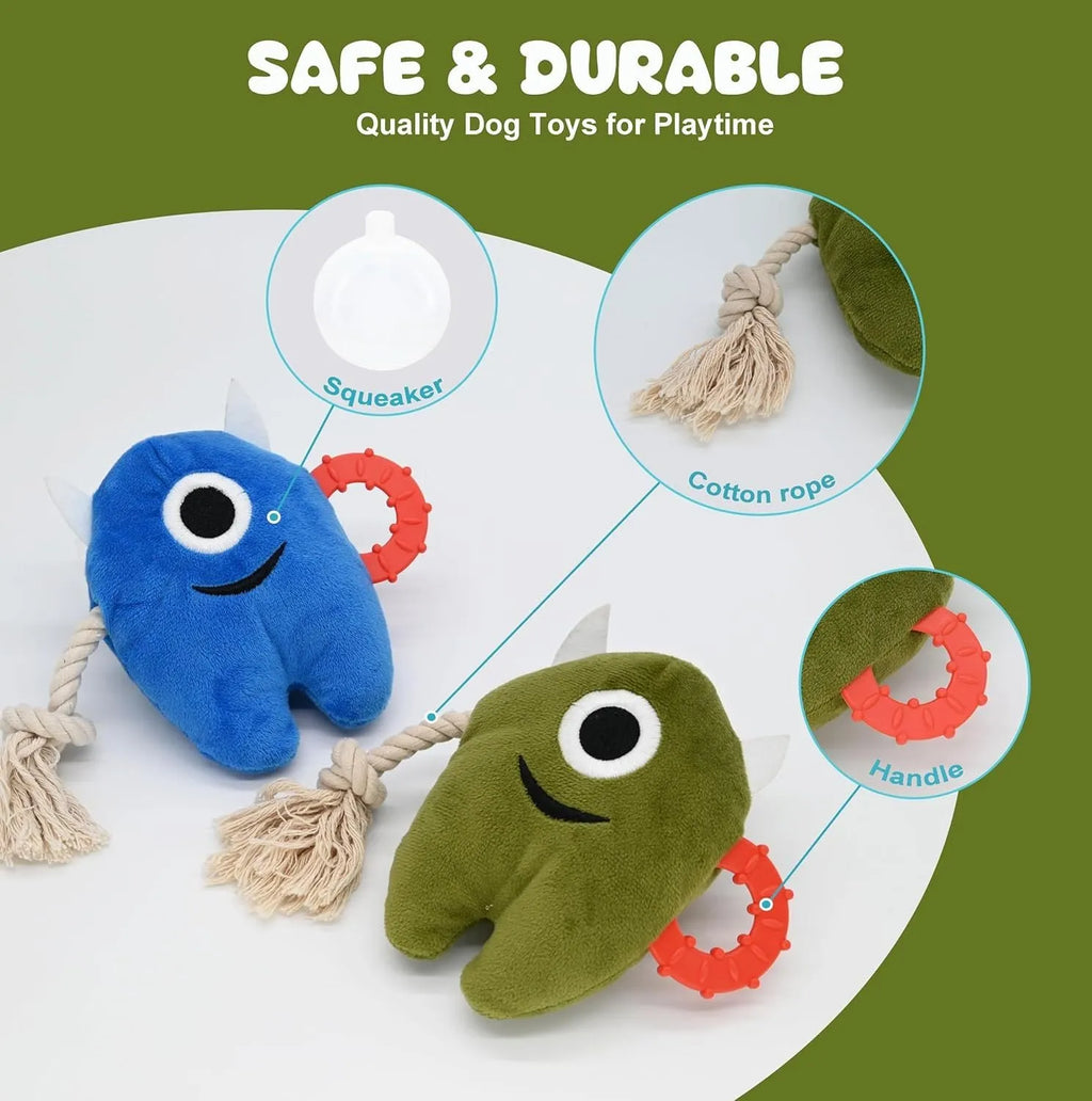 Blue and green plush dog toy with integrated cotton rope and a squeaker for chew and tug play.
