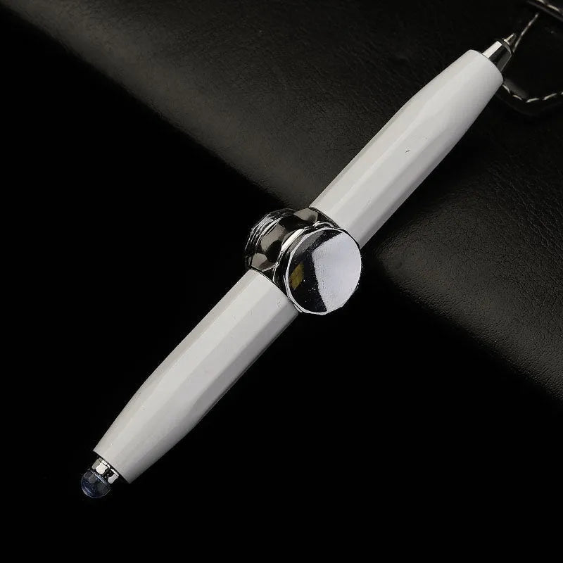 Metal gyro ballpoint pen with LED spinner, shown in multiple refill colour options.