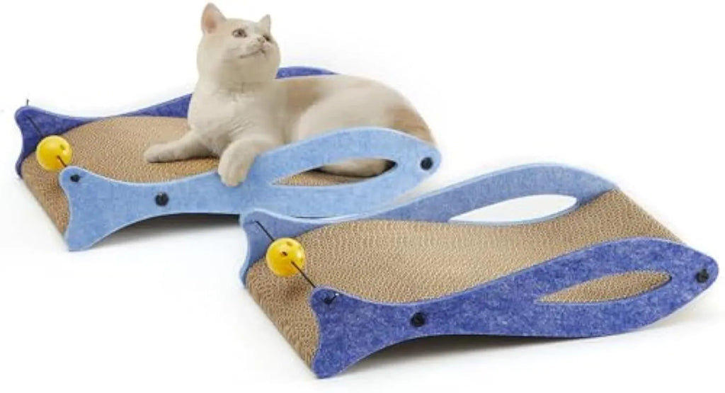 Blue fish-shaped cat scratcher with wavy lounge design and hanging bell ball toy for indoor feline enrichment