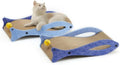 Blue fish-shaped cat scratcher with wavy lounge design and hanging bell ball toy for indoor feline enrichment