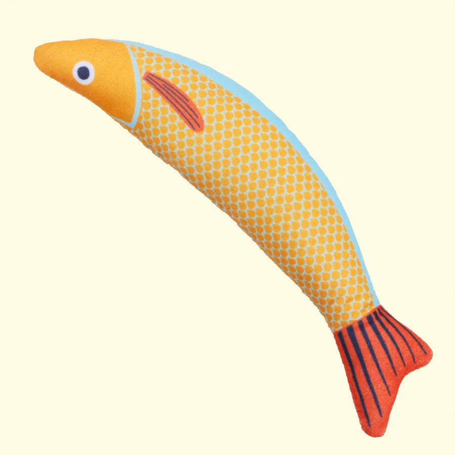 Soft plush fish-shaped cat toy with organic catnip filling in green, orange, or yellow colours