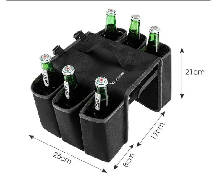 Black and orange bicycle-mounted drink holder bag with double-sided storage compartments