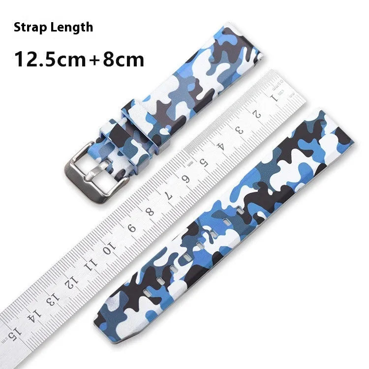 Silicone watch strap with camouflage pattern in green, blue and grey colour options showing flat head design