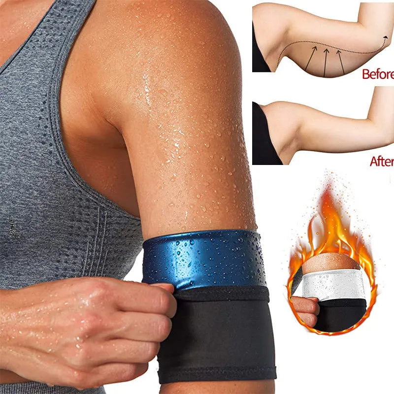 Blue compression arm band with a separate black wrist support strap laid flat.