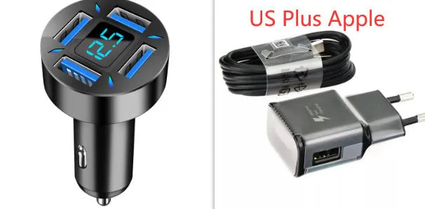 Four-port USB car charger with QC3.0 fast charging and LED voltage display for vehicles.