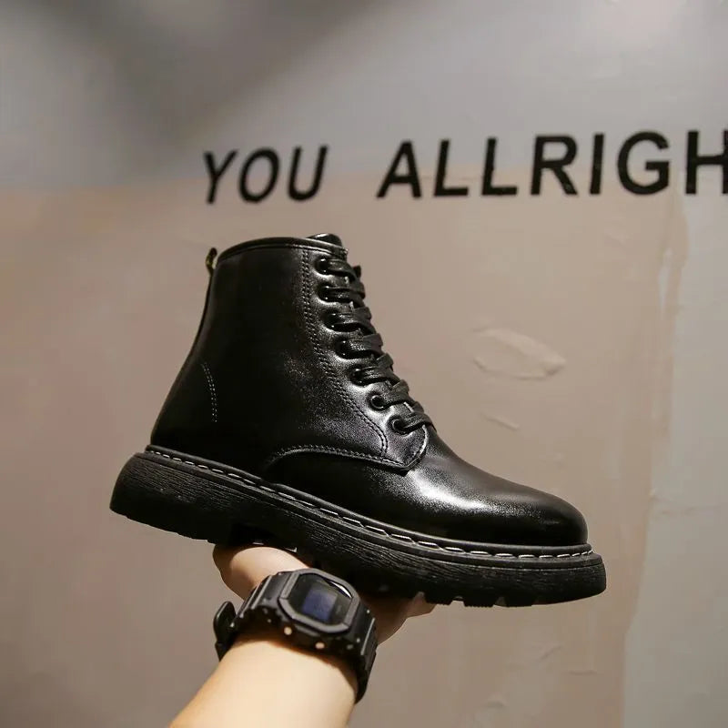 Men's black high-top platform boots with a side zip and frosted cowhide leather upper.