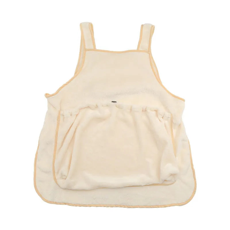 Plush pet carrier apron for small cats and dogs showing adjustable neck strap and pet opening