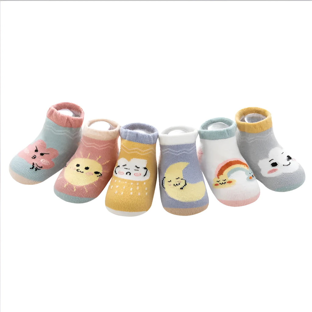 Baby combed cotton boat socks with stripes for 0-1 years old, yellow white cloud colour