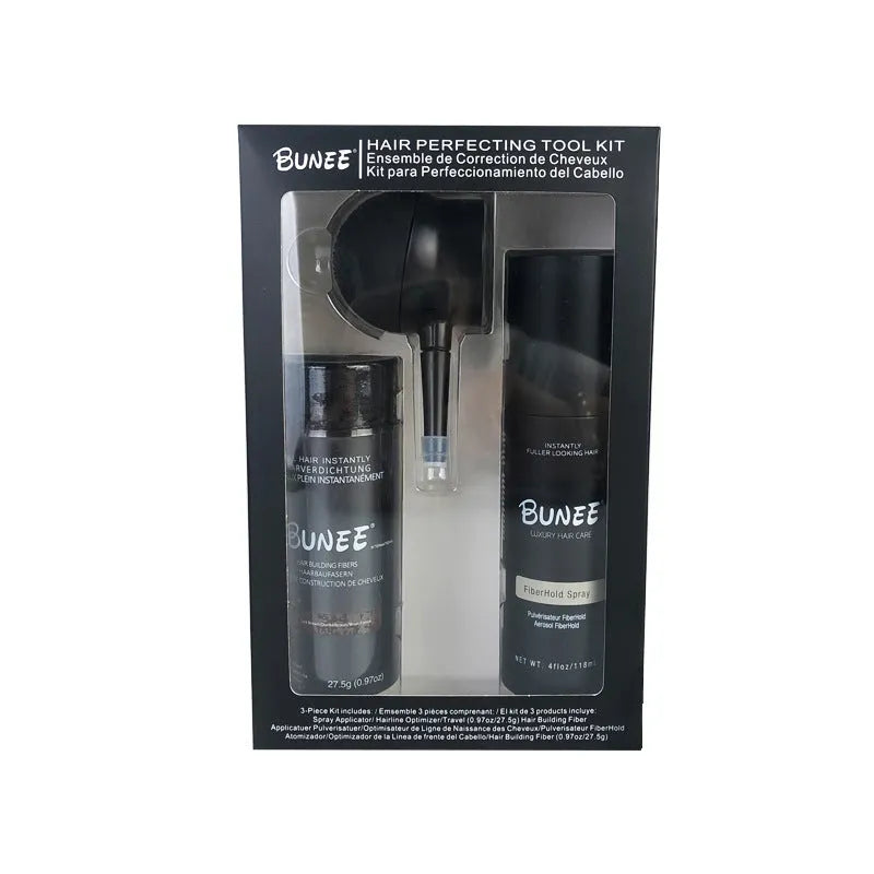Dense Hair Fibre 275g three-piece set with powder can, applicator nozzle, and shaping spray bottle.