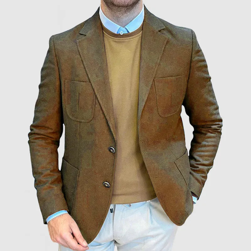 Men's loose-fit cotton suit jacket in a retro style shown in army green colour.
