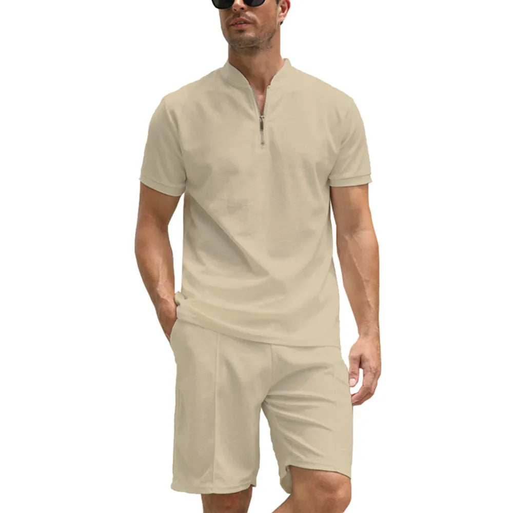 Men's solid colour polo shirt two-piece suit set in beaded bird's eye polyester fabric