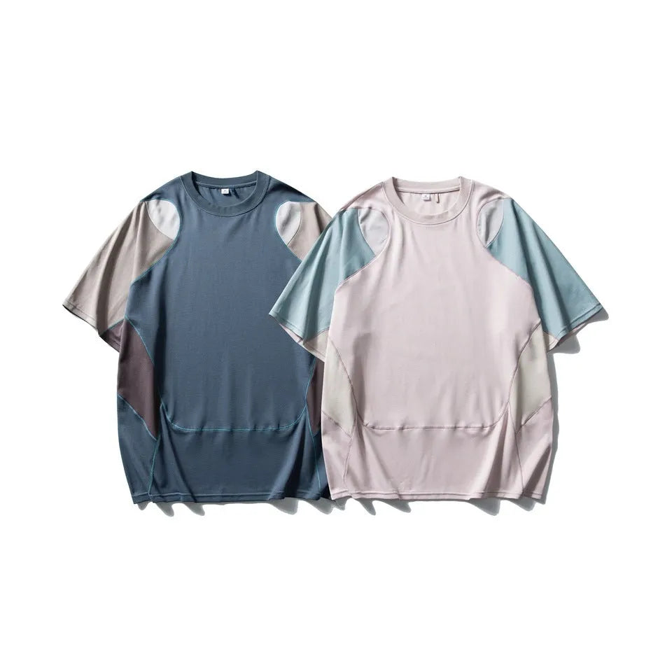 Men's loose fit patchwork contrast colour sports t-shirt with raglan sleeves