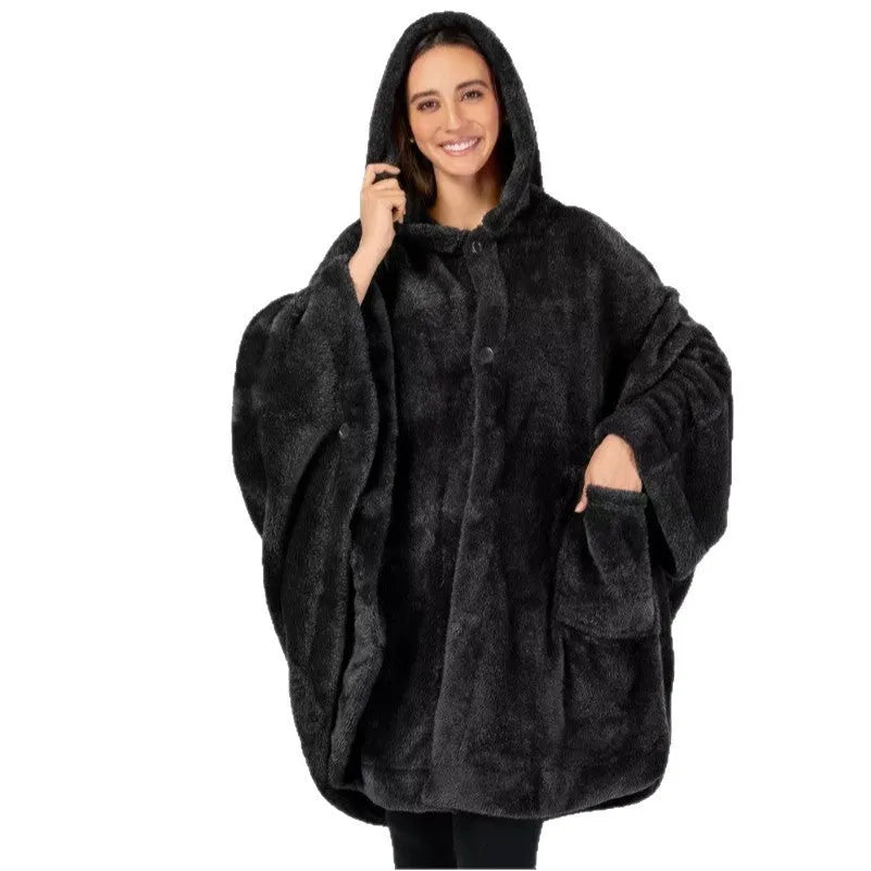Thickened hooded cloak bathrobe in polyester fabric with cardigan-style front opening