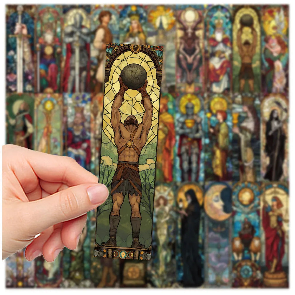 Pack of 30 paper tarot bookmarks with painted glass card illustrations.