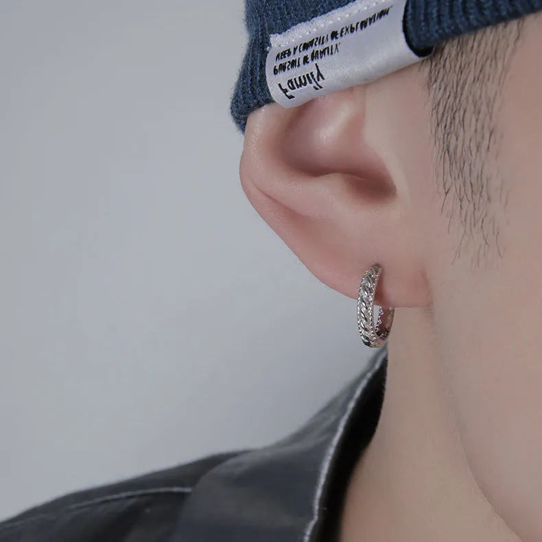 Men's geometric copper hip hop earrings in silver and cloud styles, showing 10mm and 14mm sizes.