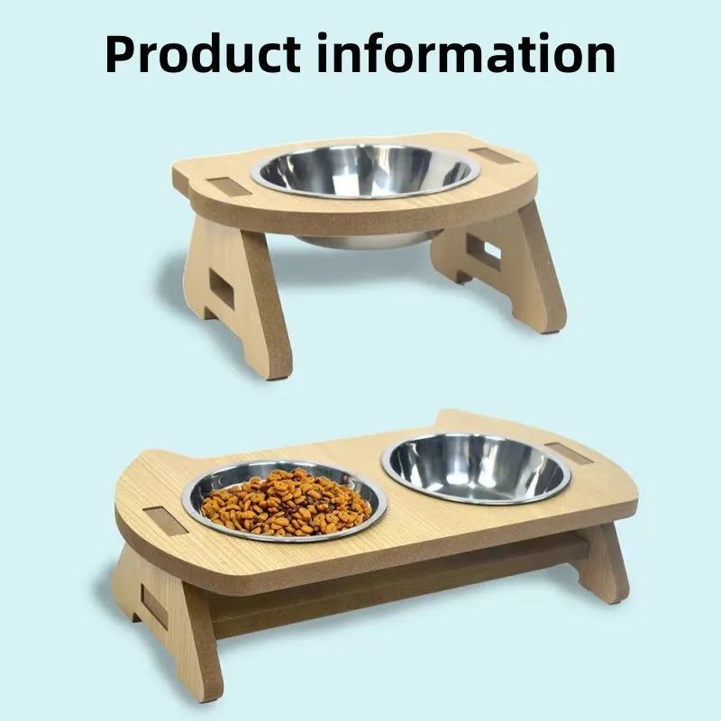 Wooden elevated cat feeder with two stainless steel bowls for food and water