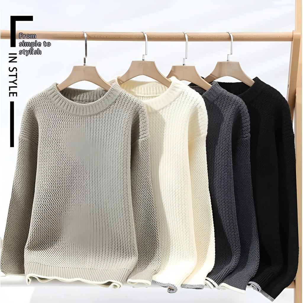 Men's loose fit knit sweater in polyester blend fabric showing round neck and long sleeve design