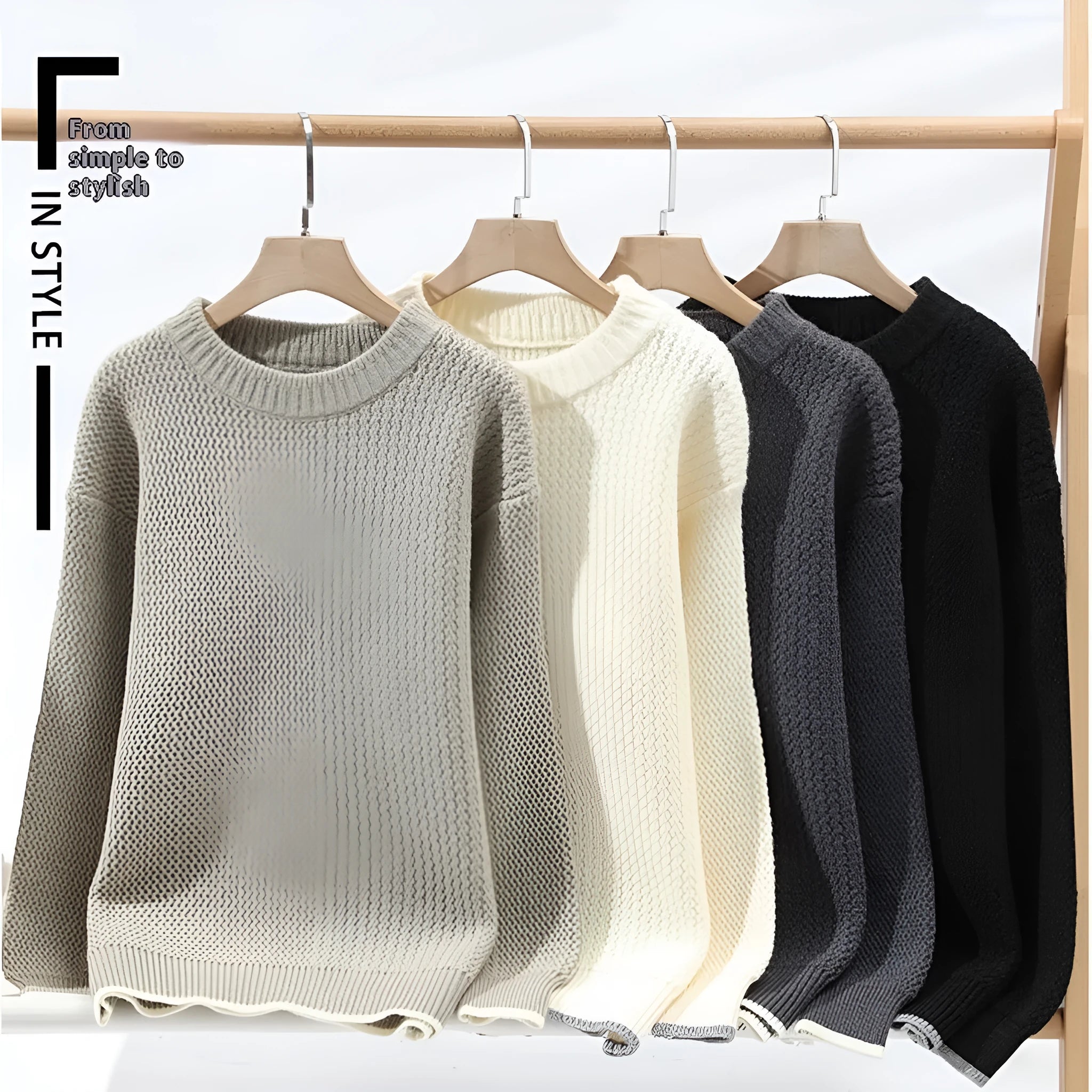 Men's loose fit knit sweater in polyester blend fabric showing round neck and long sleeve design