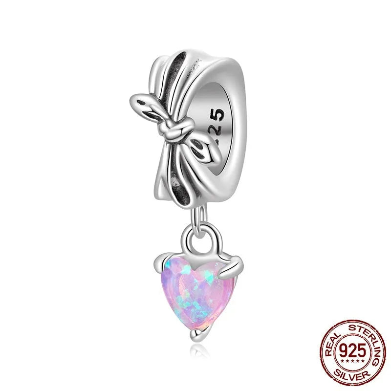 S925 sterling silver loving heart bead with opal bow inlay, 1.6x0.6cm, 0.45cm aperture