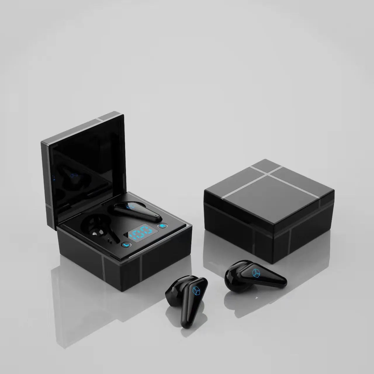Blue and white Bluetooth gaming headset with digital display and in-ear design.