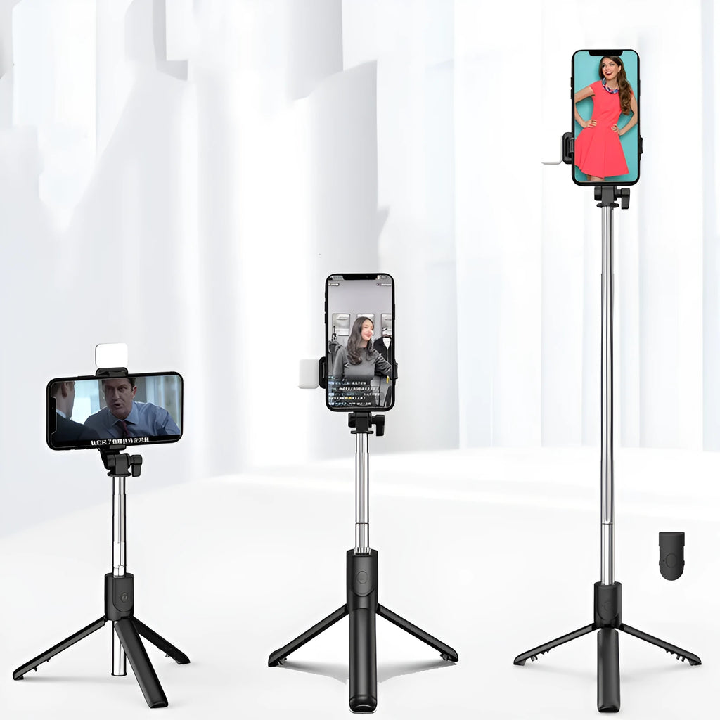Aluminium alloy Bluetooth selfie stick with tripod and phone holder for Apple iPhones in black, pink, green, or white