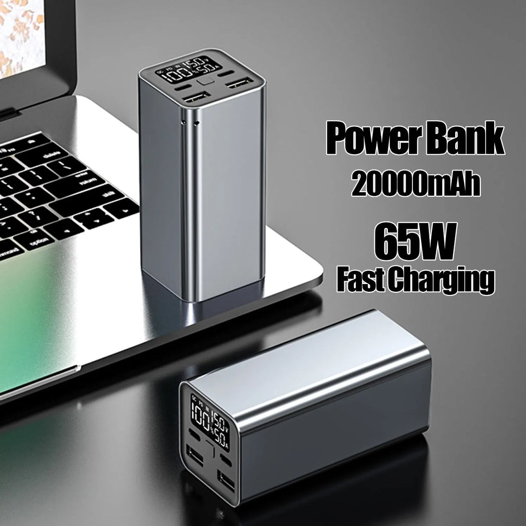 Black high power laptop charging bank with metal case showing size and USB-C port.