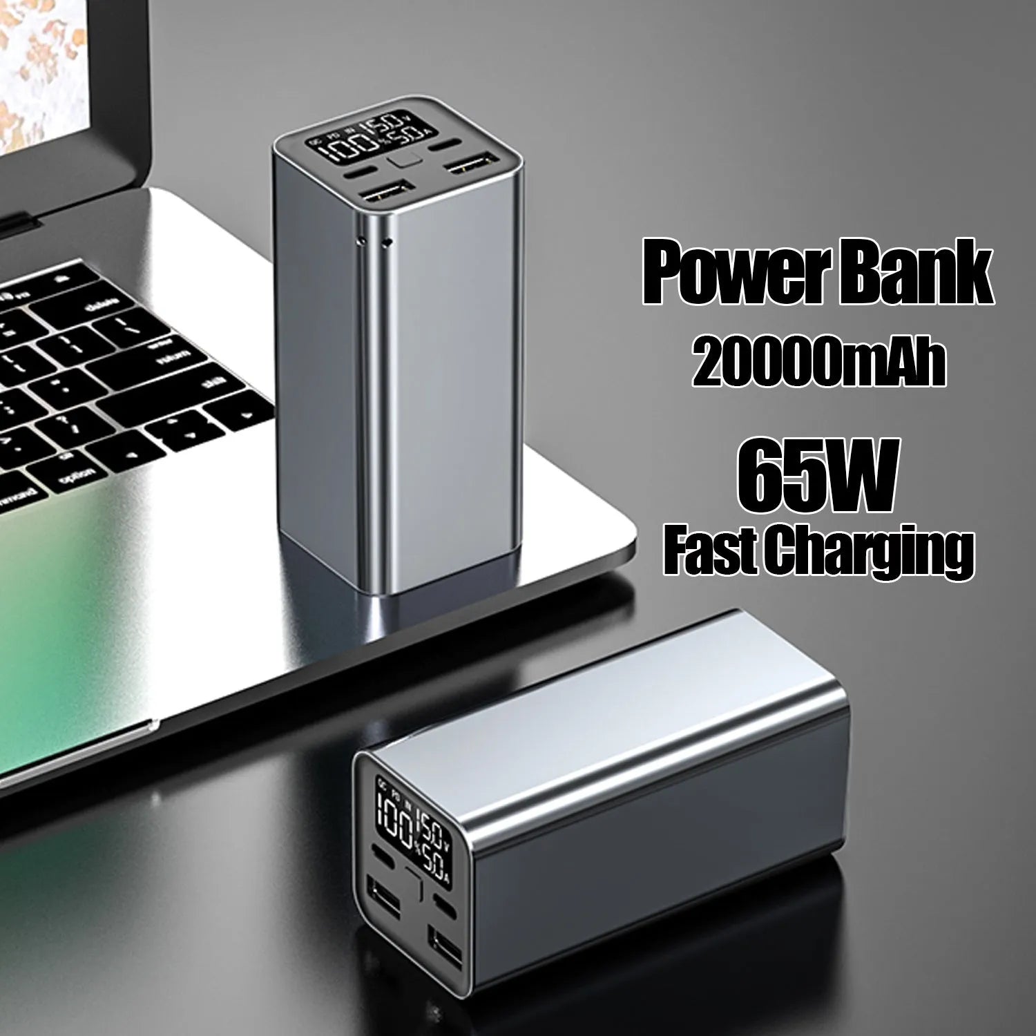 Black high power laptop charging bank with metal case showing size and USB-C port.