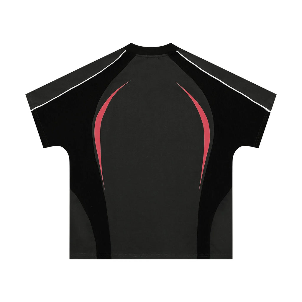 Men's loose fit black t-shirt with tonal letter print, short sleeves, pullover style.