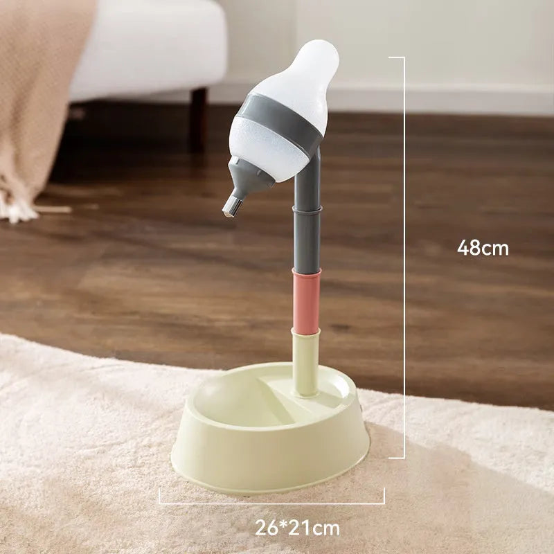 Adjustable height pet water dispenser in green, grey, or pink with detachable pole and steel drinking nozzle