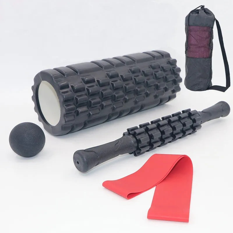 33cm black fitness foam roller with six-piece segmented construction for massage therapy
